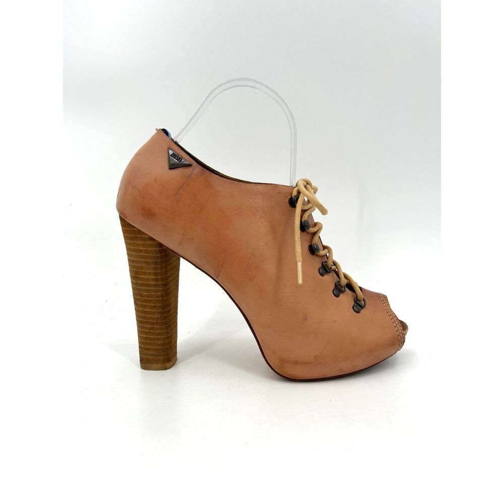 DIESEL Cognac Leather Lace-Up Peep Toe Ankle Booties Women's Size 41 Chunky Heel